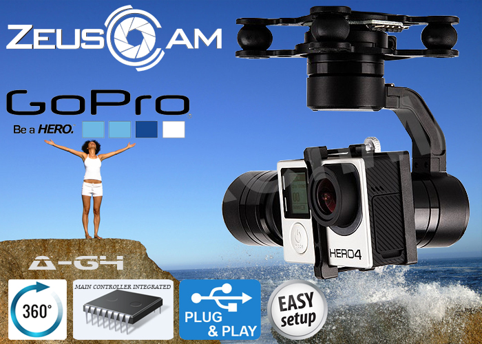 ZeusCam A-G4 GoPro2/3/4 Brushless Gimbal 360 degree with AV Outp